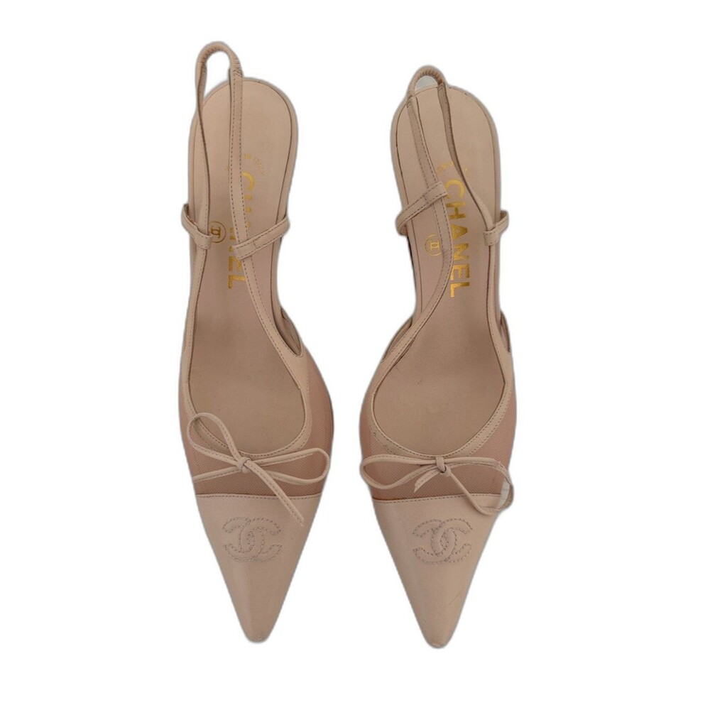 Chanel Iconic "CC" Light Pink Toe Cap Bow Mesh Slingback Heels Italy Size EU 38